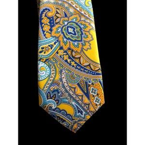Geoffrey Beene Silky Polyester Yellow & Blues Paisley Necktie; Trendy Colors